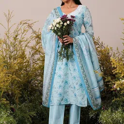Libas Floral Printed Regular Linen Kurta with Trousers & Dupatta image 1