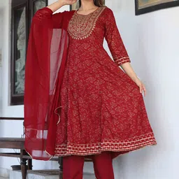 SINGNI Ethnic Motifs Printed Regular Anarkali Kurta with Trousers & With Dupatta image 5