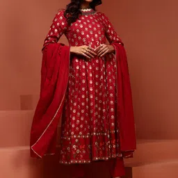 IMARA Ethnic Motifs Printed Thread Work Detailed Anarkali Kurta & Trousers With Dupatta image 5