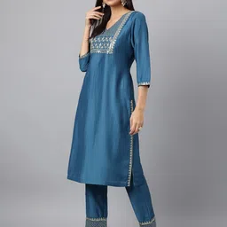 KALINI Floral Yoke Design Zari Kurta with Trousers & With Dupatta image 5
