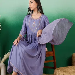 Sangria Embroidered A-Line Kurta With Trouser & Dupatta Set image 1