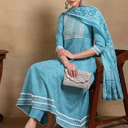 AHIKA Women Bandhani Printed Regular Thread Work Kurta with Trousers & With Dupatta image 1