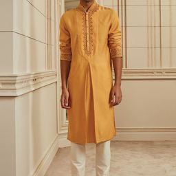 Tasva Men Orange Jacquard Kurta Set-picture-17
