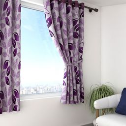 Cortina Purple Single Leaf Print Window Curtain-image-93