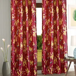 Aura Red & Yellow 2 Pieces Floral Printed Eyelet Door Curtain-15