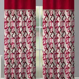 Aura Maroon & White 2Pcs Geometric Room Darkening Door Curtain-24