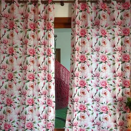TARA- Sparkling Homes Magnolia Trails White & Pink Floral Linen Long Door Curtain-30