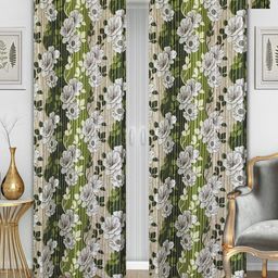Aura Green & White 2 Pieces Floral Room Darkening Long Door Curtains-image-94