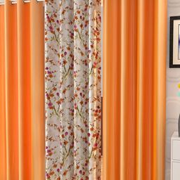 Shopgallery Orange & White 3 Pieces Floral Room Darkening Long Door Curtain-image-71