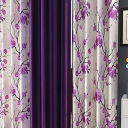 Shopgallery Purple & White 3 Pieces Floral Room Darkening Long Door Curtain-image-63