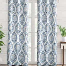 Home Centre Saddle Husk White & Blue 2 Pieces Ethnic Motifs Printed Cotton Door Curtains-39
