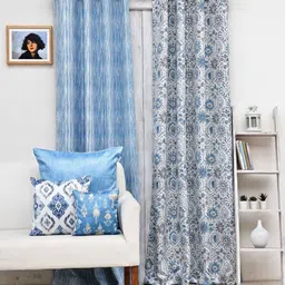 Ariana Blue & White Set of 2 Geometric Black Out Door Curtain-image-26