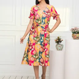 Sangria Floral Printed Belted A Line Dress-image-45