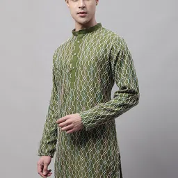 Jompers Men Mandarin Collar Geometric Embroidered Pure Cotton Kurta-image-80