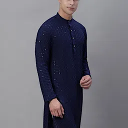 Anouk Navy Blue Floral Embroidered Sequined Band Collar Kurta image 3