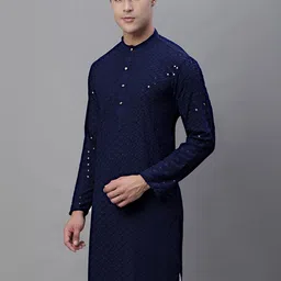 Anouk Navy Blue Floral Embroidered Sequined Band Collar Kurta image 2