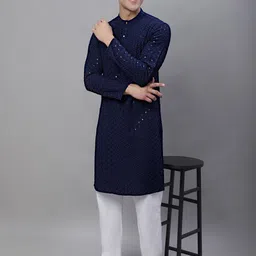 Anouk Navy Blue Floral Embroidered Sequined Band Collar Kurta image 5