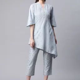 V TRADITION Women Blue Ethnic Motifs Printed Gotta Patti Kurta with Trousers-image-42