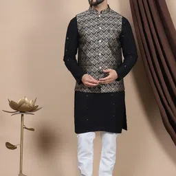 Anouk Black Floral Embroidered Sequinned Cotton Straight Kurta & Churidar & Nehru jacket-8