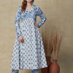 FASHOR Floral Printed Anarkali Empire Cotton Kurta with Trousers-12