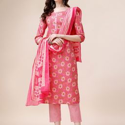 Berrylicious Floral Printed Gotta Patti Pure Cotton Straight Kurta &Trousers With Dupatta-image-23