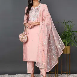 KALINI Ethnic Motifs Embroidered Regular Thread Work Kurta with Trousers & With Dupatta image 3