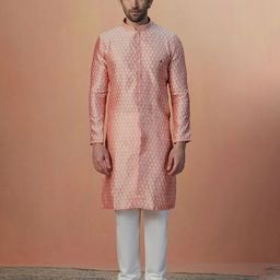 Manyavar Ethnic Motifs Woven Design Zari Mandarin Collar Art Silk Kurta With Churidar-image-87