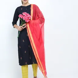 Vishudh Women Navy Blue Floral Embroidered Kurta with Trousers & With Dupatta-image-87