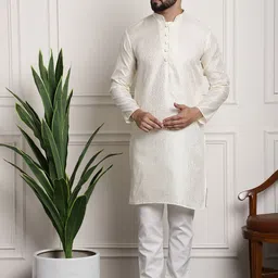 SOJANYA Men Cream-Coloured & Off-White Self Design Straight Kurta with Churidar-picture-19