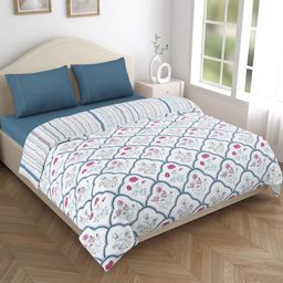 haus & kinder Blue & White Floral Printed 150 GSM Double Bed Reversible Comforter-picture-48