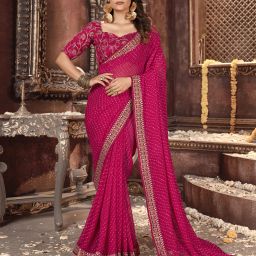 Striped, Embellished Bandhani Georgette Saree-image-92