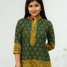 TSUCCHI TRADITIONS Ethnic Motifs Printed Pure Cotton Forest Honey Ajrakh A Line Kurti-10