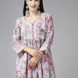 ADA Floral Embroidered Thread Work Detailed Pure Cotton A-Line Kurti-17