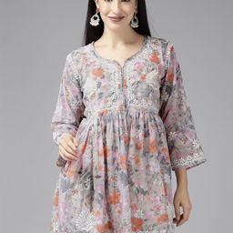ADA Floral Embroidered Thread Work Detailed Pure Cotton A-Line Kurti-19