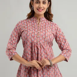 FERANOID Floral Printed Pure Cotton Pleated A-Line Kurti-image-31