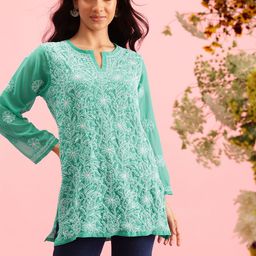 ADA Sea Green & White Floral Embroidered Plus Size Chikankari Kurti-image-93