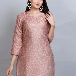 KIDAR Ethnic Motifs Printed V-Neck Jacquard Cotton Silk Straight Kurti-picture-56