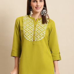 Pistaa Geometric Yoke Design Mandarin Collar Roll-Up Sleeves Kurti-picture-9