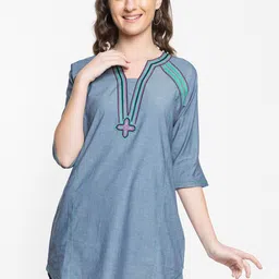Elthia V Neck Thread Work Denim A-Line Kurti-image-2