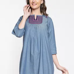 Elthia Puff Sleeves Pleated Denim A-Line Kurti-image-31