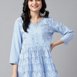 Neemiya Floral Printed Mirror Work Pure Cotton Anarkali Kurti-13
