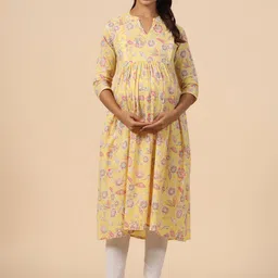 CRAFIQA Floral Printed Maternity Mandarin Collar Pure Cotton Anarkali Kurta-image-87