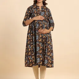 CRAFIQA Floral Printed Mandarin Collar Pure Cotton Maternity & Nursing Anarkali Kurta-image-59