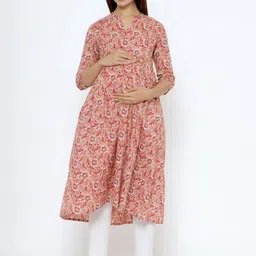 CRAFIQA Ethnic Motifs Printed Maternity & Nursing Cotton Anarkali Kurta-image-33