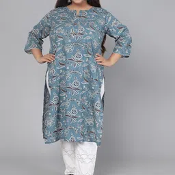 Jevi Prints Women Plus Size Blue & White Floral Printed Gotta Patti Pure Cotton Kurta-image-84