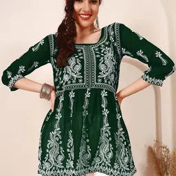 HERE&NOW Ethnic Motifs Embroidered Chikankari Pure Georgette Chikankari A-Line Kurti-picture-53