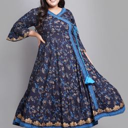 YASH GALLERY Women Navy Blue & Blue Floral Printed Bell Sleeves Floral Kurta-image-29