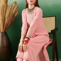 Sangria Floral Embroidered Round Neck Georgette Kurta with Trousers-picture-38