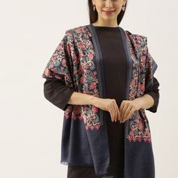 Pashmoda Women Navy Blue & Green Floral Embroidered Pure Wool Shawl-13