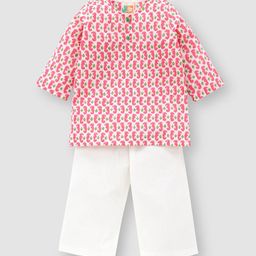 THE BABY LABEL Unisex Kids Pink Pure Cotton Hand-Block Print Kurta Pyjama Set-image-23